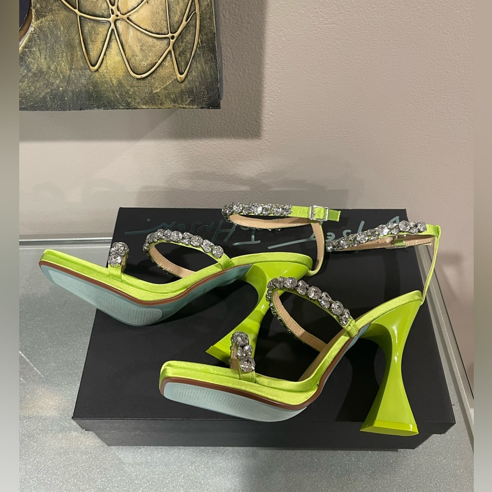 Betsey Johnson Neon Lime Jeweled Strap Block Heel Sandals - Picture 6 of 8